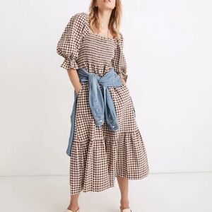 Lucie Elbow-Sleeve Smocked Midi Dress in Gingham